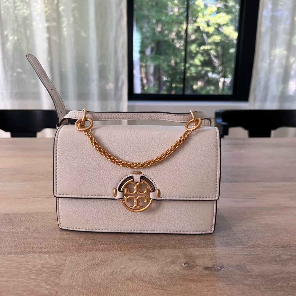 Tory Burch Cream Mini Miller Crossbody Bag with Gold Chain
